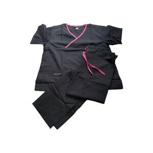 Melrose Medical Scrub Set 2 PC Women  Black & Pink Sz XL V Neck Short Sleeve NEW